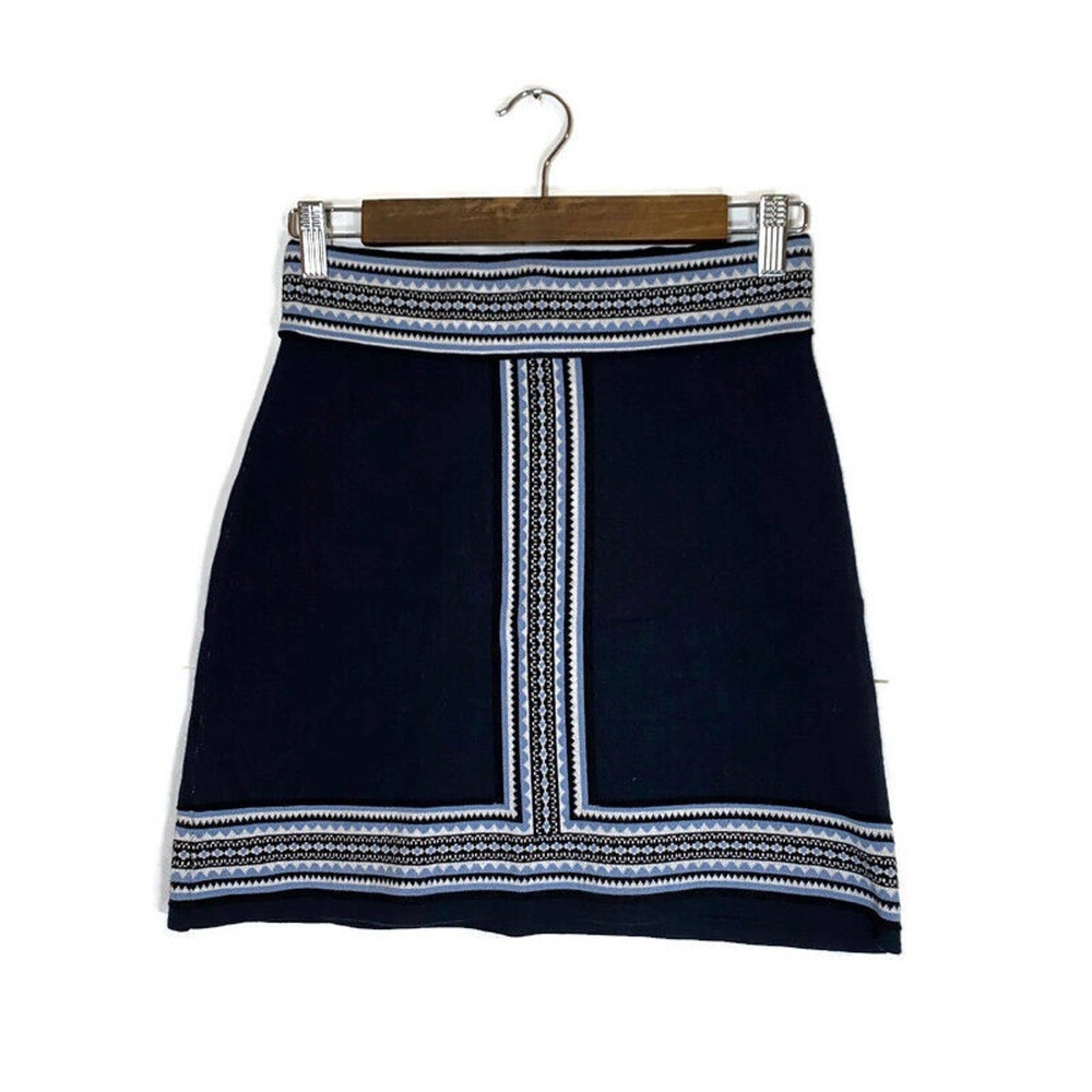 Club Monaco Sweater Knit Short Skirt Sz XS Navy Blue Nordic Fair Isle Viscose